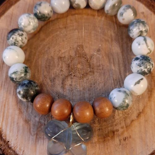 Tree Agate Sandalwood Bracelet with Fluorite Butterfly